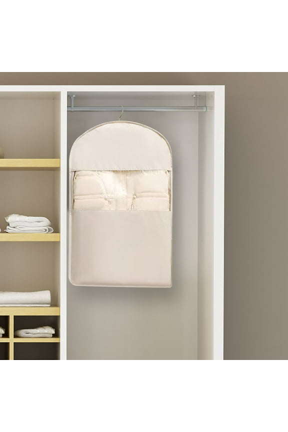 Compressible Clothes Storage Cover with Hanging Hook Space-Saving Transparent Garment Bag Wrinkle-Resistant for Down Jackets Beige Closet Organizer