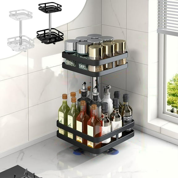 HengDidi Double Layer 360 Degree Rotating Metal Spice Shelf for Kitchen Countertop Desktop Storage Easy to Clean Organizer for Spices Fruits