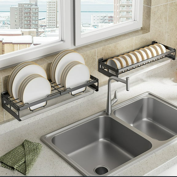 HengDidi No Drill Wall Mounted Stainless Steel Dish Rack, Space Saving Kitchen Organizer with Utensil Holder, Good Ventilation for Drying, Easy Install and Clean