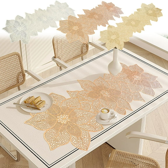 HengDidi Elegant PVC Gold Stamped Hollow Floral Table Runner, European Style Long Table Mat for Heat Insulation and Non-Slip Protection, Festive Dining Room Decor