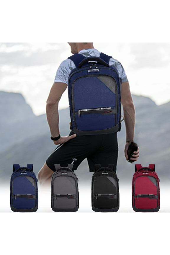 Flax Laptop Backpack with Anti-Theft Lockable Zippers, Large Capacity & Ventilated Back Panel for Commuters, Travel, and Campus Use (Gray/Dark Blue/Red)