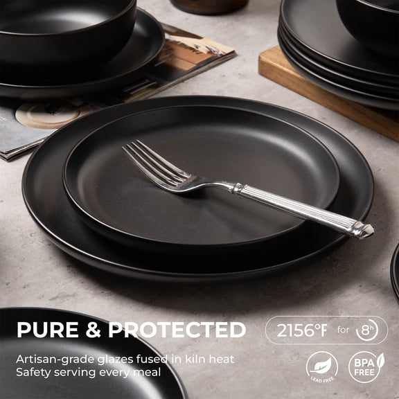 HengDidi Home 12-Piece Stoneware Dinnerware Set, Matte Finish, Service for 4, Modern Ceramic Plates and Bowls, Microwave & Dishwasher Safe Service for 4 - Soft Black