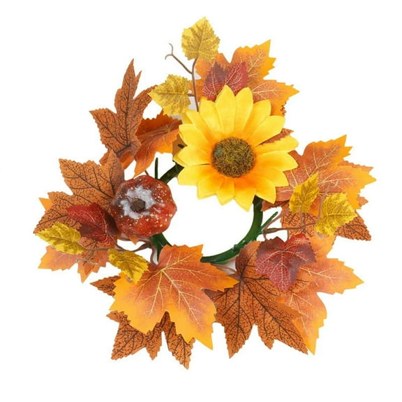 HengDidi Large Size Thanksgiving Harvest Decor Candle Wreath Ring Featuring Faux Maple Leaf Pumpkin and Berry Designs, 13.78 Inch Diameter Plastic Tabletop Display for Autumn Festive Home Decor