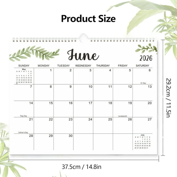 HengDidi Leaf Pattern English Wall Calendar with Coil Binding - Monthly Planner from July 2025 to December 2026 - Includes Pockets and Tabs for Organization - Ideal for Home, Office, and Campus Use