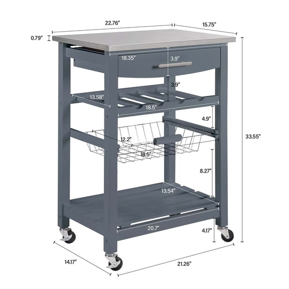 HengDidi Mobile Rolling Kitchen Trolley Serving Cart With Underneath Drawer Slide-Out Metal Storage Basket Furnishings Kitchen Cart Utensil Drawer, Under Cabinet Basket, and 2 Slatted Shelves