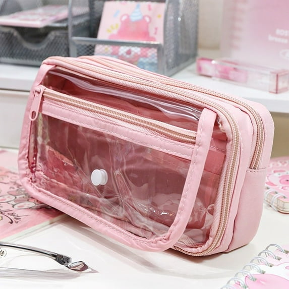 HengDidi Multi-Layer Waterproof Stationery Organizer Bag with Transparent PVC Front, Large Capacity Zippered Pouch for Campus Supplies, Office Essentials, and Daily Use