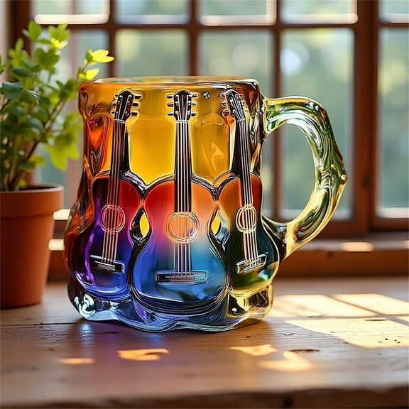 HengDidi Musical Guitar Art Coffee Mug - 3D Painted Glass Cup for Hot Beverages Microwave Safe Drinkware Novelty Decor Gift Music Theme Ambiance