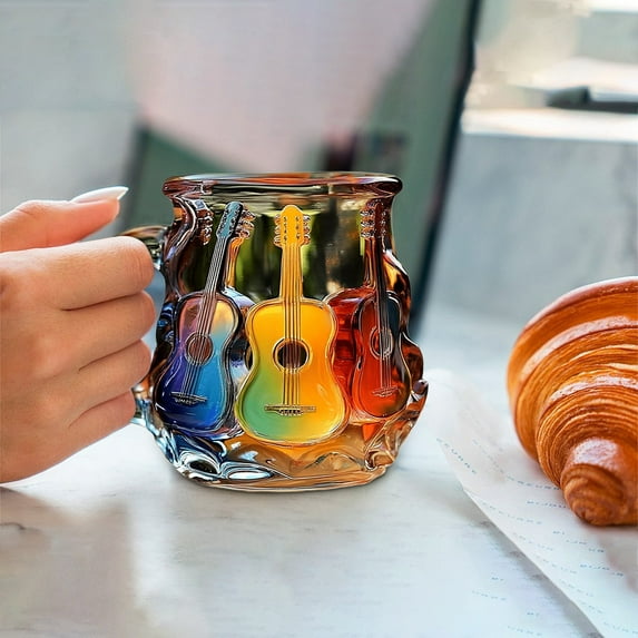 HengDidi Musical Guitar Art Coffee Mug - 3D Painted Glass Cup for Hot Beverages Microwave Safe Drinkware Novelty Decor Gift Music Theme Ambiance