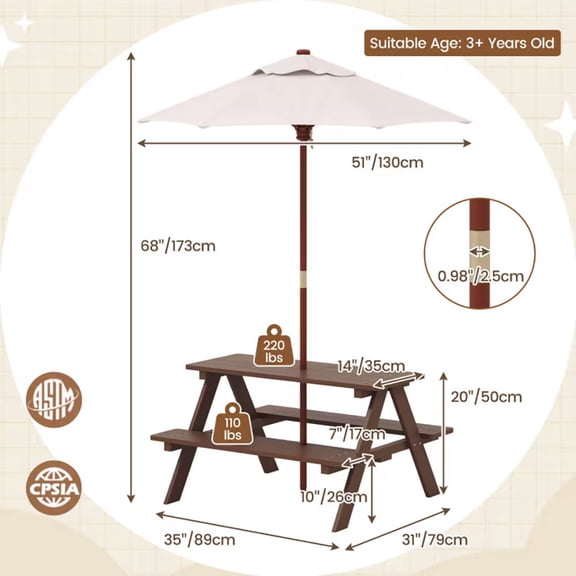 HengDidi Picnic Table Bench with Umbrella Set for 4 People, 3FT Outdoor Rectangular Dining Table & 2 Benches w/Umbrella Hole, Wood Convertible Picnic Table, Patio Garden Backyard Poolside (3FT,Black)