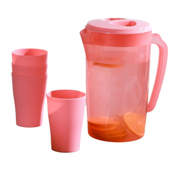 HengDidi Plastic Water Pitcher Set with Lid and Four Cups Large Capacity for Cold Hot Beverages Refrigerator Safe Ideal for Parties Picnics Kitchen Use in Pink Green Blue
