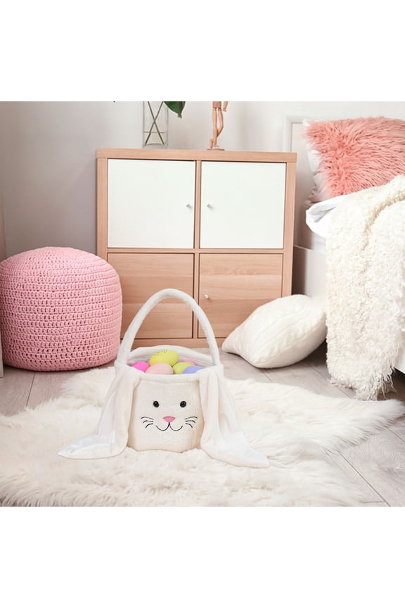 Plush Easter Basket for Kids Soft Fluffy Candy Gift Bag for Boys Girls Cute Easter Bucket Egg Hunt Bunny Bag with Ears Party