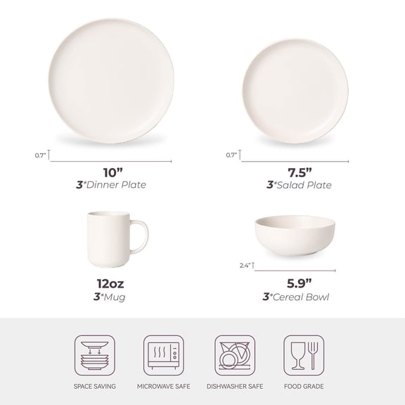 HengDidi White Stoneware Dinnerware Set 12 Piece Microwave and Dishwasher Safe, Stackable Plates Bowls Mugs Sets Chip Resistant Matte Glaze, Complete Table Setting for 3, Everyday Dishes Kitchenware