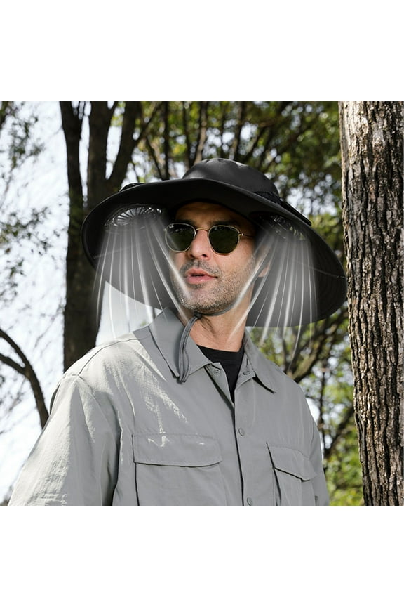 Wide Brim Hat Solar Fan Hat Fisherman with Built-in Cooling Fan 50cm Diameter, Breathable Mesh Sun Protection for Summer Beach Hiking Travel Dark Gray