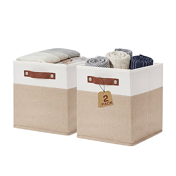 Tripumer 13x13 Inch Collapsible Fabric Storage Cubes, 2 Pack with Handles, 36L Large Organizer Bin for Closet Bedroom Playroom, Khaki