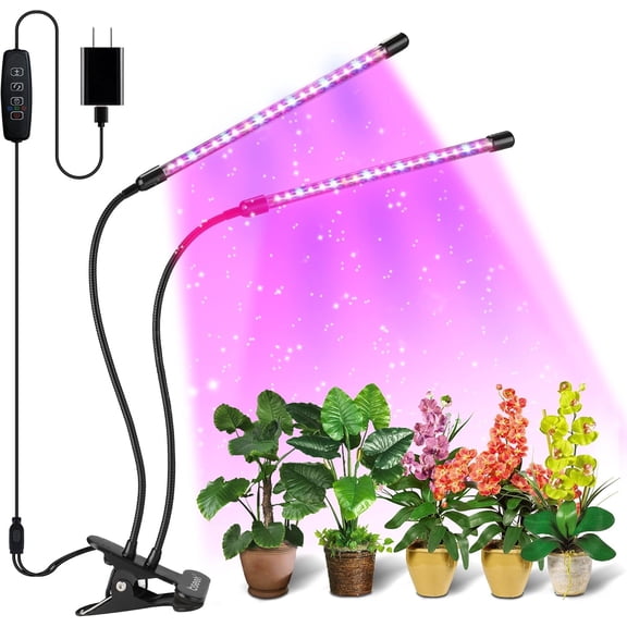 Tripumer 2-Head LED Clip Grow Light, 3/9/12h Auto Timer, 3 Light Modes, 360° Flexible Gooseneck for Indoor Plants, Seedlings, Succulents