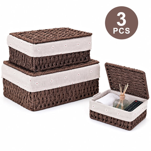Tripumer 3 Pack Woven Storage Baskets with Lids & Removable Liners, Dustproof Organizer Bins for Bedroom Closet Home Storage, Brown