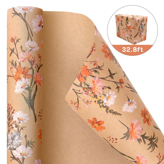 Hengbo Floral Wrapping Paper, Kraft Paper Gift Wrap 17inch X 32.8ft for Birthday Wedding Party, Elegant Pink Rose Design for Girlfriends, Wives, Friends, And Mothers