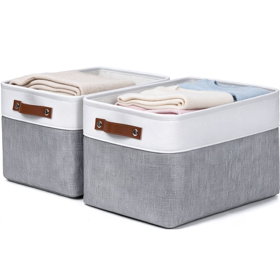 Tripumer 2 Pack Foldable Fabric Storage Bins with PU Leather Handles, Collapsible Closet Organizer for Shelves, Clothes, Toys