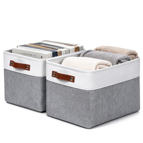 Tripumer Fabric Storage Bins with PU Leather Handles, 2 Pack Collapsible Closet Organizer for Shelves