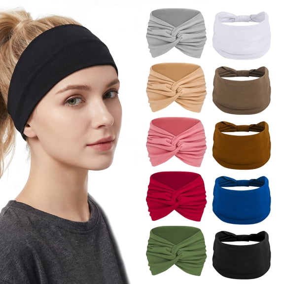 Hengguang 10 Pack Wide Sport Headbands for Women, Boho Knot Large Non-Slip Elastic Headbands, Sports Yoga Sweat Bands for Running & Gym, 10 Colors Large Sport Workout Stretch Hair Bands, 9.5” x 5.5”