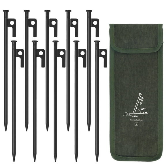 Hengguang 10Pcs 12Inch Tent Stakes, Heavy Duty Steel Metal Tent Pegs, Unbreakable and Inflexible Metal Stakes Tent Spikes for Camping, Yard Decoration, Picnic, Tarp(Black)