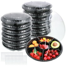 Hengguang 10Pcs Round Plastic Appetizer Tray with Lid, 12.5 Inch Disposable Serving Fruit Veggie Tray with 6 Divided Compartment Trays for Catering for Party with 200 Forks