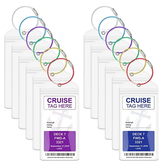 Hengguang 12Pcs Colored Steel Loops Cruise Luggage Tags Holder with Zip Seal , 7.24'' * 3.54'' Waterproof Clear Luggage Tags for Cruise Ship, Cruise Accessories