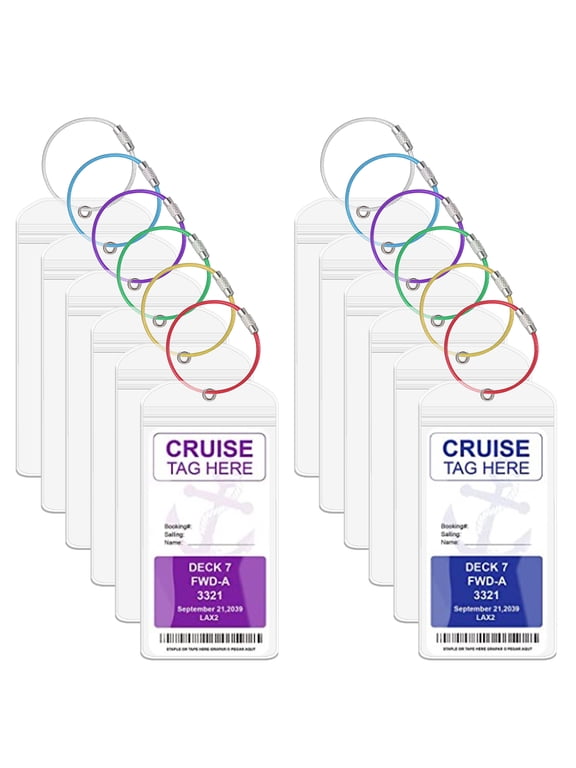 12Pcs Colored Steel Loops Cruise Luggage Tags Holder with Zip Seal , 7.24'' * 3.54'' Waterproof Clear Luggage Tags for Cruise Ship, Cruise Accessories