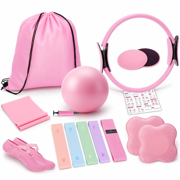 Hengguang 17 Pcs Pilates Kit for Women, All-in-One Home Yoga Workout Equipment Set with 5 Resistance Bands, Pilates Ring, Exercise Ball, Core Sliders, Yoga Knee Pads, Non-Slip Socks