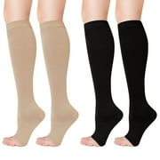 Hengguang 2 Pack 20-30mmHg Open Toe Compression Socks for Men & Women – Knee High Stockings for Running, Pregnancy, Travel, Work – Varicose Veins & Circulation Support