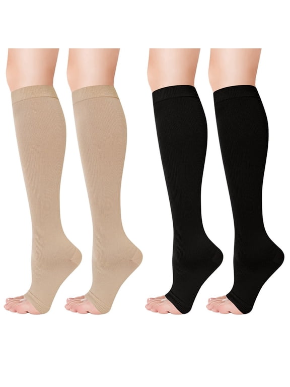 2 Pack 20-30mmHg Open Toe Compression Socks for Men & Women – Knee High Stockings for Running, Pregnancy, Travel, Work – Varicose Veins & Circulation Support