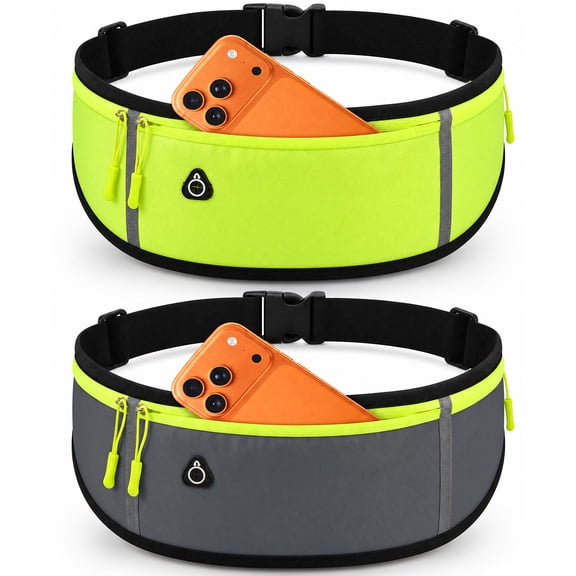 Hengguang 2 Pack Running Belts for Men Women, Adjustable Sports Waist Belt Bag with 3 Separate Pockets, Waterproof Phone Holder Pouch, Money Fanny Pack for Cycling Hiking (Green/Gray)
