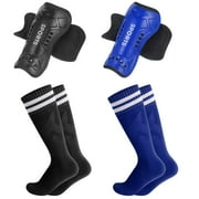 Hengguang 2 Pairs Kids Soccer Shin Guards with 2 Pairs Soccer Socks, Calf Protection Soccer Shin Pads & Socks for Toddler 5-12 Years(Blue, Black)
