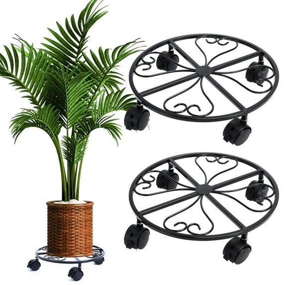 Hengguang 2 Pcs 12 inch Metal Plant Caddy with Wheels,Load Capacity 150 lbs Heavy Duty Plant Stand Base with 360 Degree Lockable Wheels,Plant Dolly with Wheels for Indoor,Outdoor(B style black)
