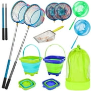 Hengguang 2 Pcs Kids Fishing Net with Bucket and Sand Shovel, Telescopic Fishing Landing Net with Detachable Handle for Kids, Collapsible Kids Sand Bucket, Kids Fishing Net Butterfly Net