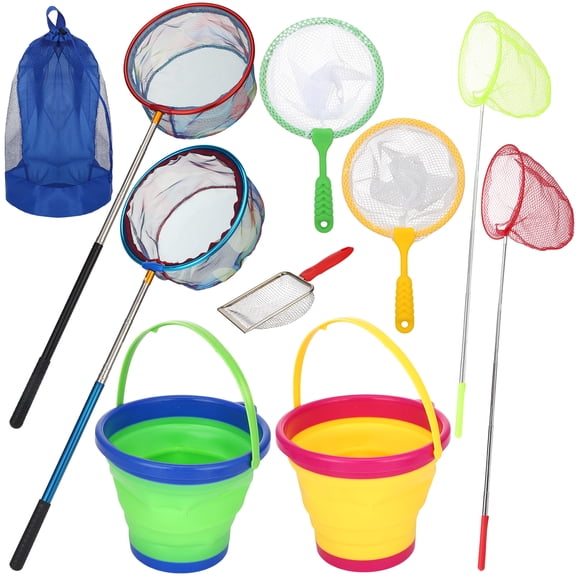 Hengguang 2 Pcs Kids Fishing Net with Bucket and Sand Shovel, Telescopic Fishing Landing Net with Detachable Handle for Kids, Collapsible Kids Sand Bucket, Kids Fishing Net Butterfly Net