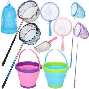 Hengguang 8 Pcs Kids Fishing Net with Bucket and Sand Shovel, Telescopic Fishing Landing Net with Detachable Handle for Kids, Collapsible Kids Sand Bucket, Kids Fishing Net Butterfly Net