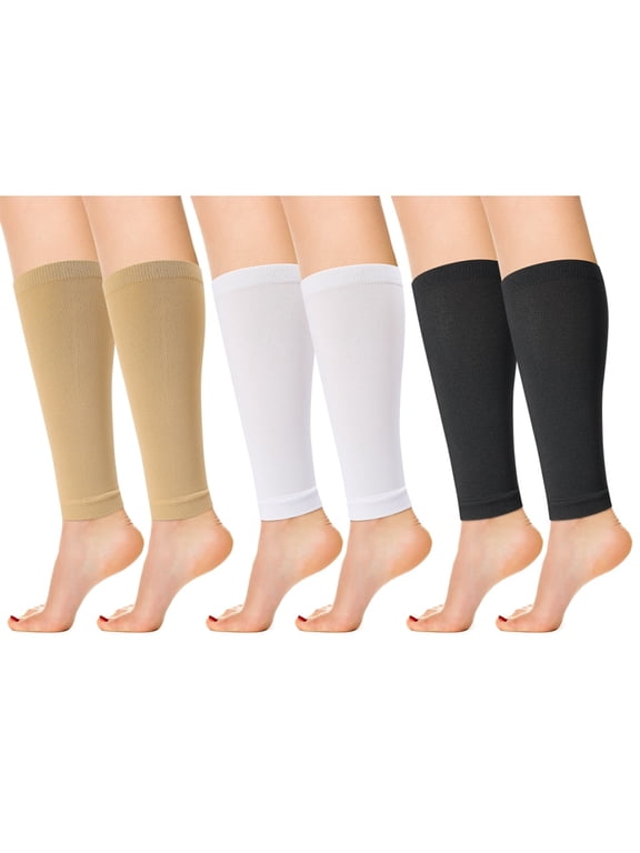 3 Pairs 20-30 mmHg Compression Sleeves - Medical Grade Calf Support for Women & Men Sport, Nurse, Pregnancy, Travel - Varicose Veins, Edema, Post-Surgery Recovery (Black/Beige/White)