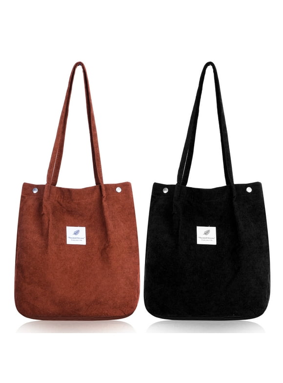 Hengguang 2PCS Corduroy Tote Bag for Women, Canvas Shoulder Bag with Inner Pocket for Everyday, Office, School Trip and Shopping(Black+Brown)