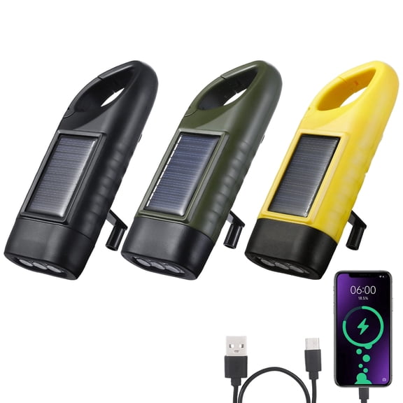 Hengguang 3 Pack Hand Crank Solar Powered Flashlight, Emergency Rechargeable LED Flashlight, Survival Dynamo Torch for Home Camping Outdoor Climbing Backpack Hiking 4.88" x 1.77" x 1.26" Inches