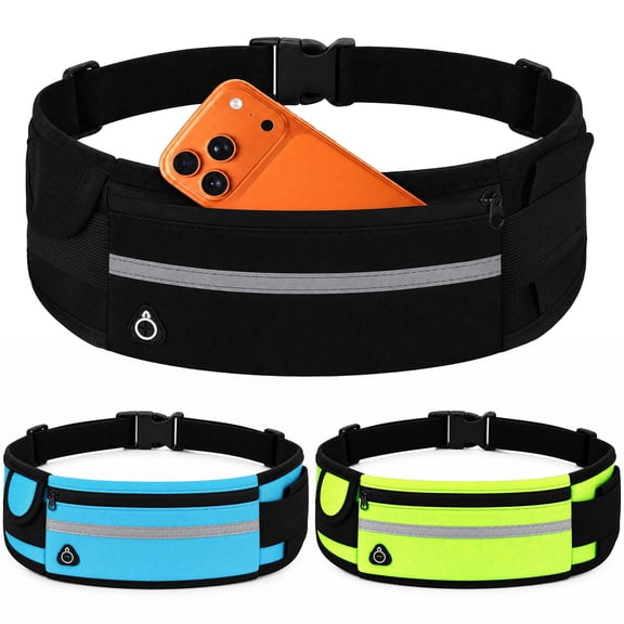 Hengguang 3 Pack Running Belts for Men Women, Waterproof Phone Holder Pouch with 3 Separate Pockets, Adjustable Sports Waist Belt Bag with Reflective Strips, Money Fanny Pack for Cycling Hiking