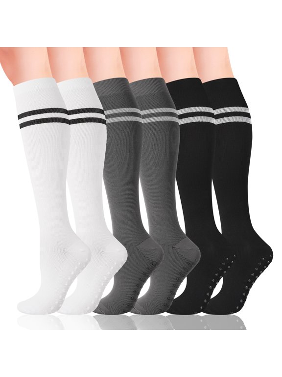 3 Pairs L/XL Compression Socks for Men Women, 20-30mmHg Non-Slip Support Stockings, Knee High Socks for Running, Cycling, Flying, Pregnancy, Nurse