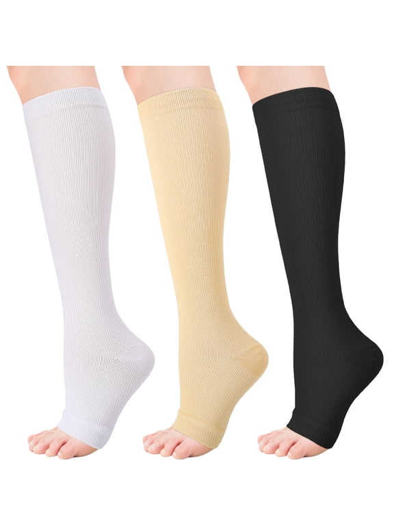 3 Pairs L/XL Size Open Toe Compression Socks for Men Women, 20-30mmHg Knee High Stockings for Running, Travel, Work, Pregnancy Varicose Veins & Circulation Support