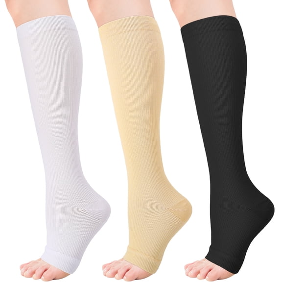 Hengguang 3 Pairs L/XL Size Open Toe Compression Socks for Men Women, 20-30mmHg Knee High Stockings for Running, Travel, Work, Pregnancy Varicose Veins & Circulation Support