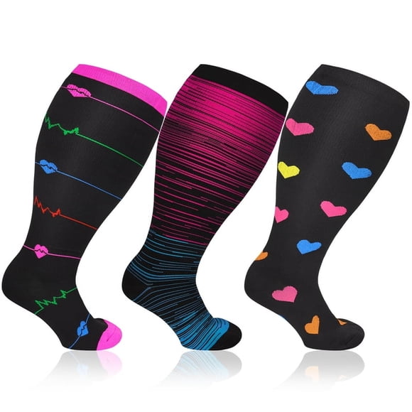 Hengguang 3 Pairs Plus Size Compression Socks for Women & Men, 20-30 mmHg Wide Calf Extra Large Knee High Flight Socks Compression Stockings for Circulation Support(4xl)