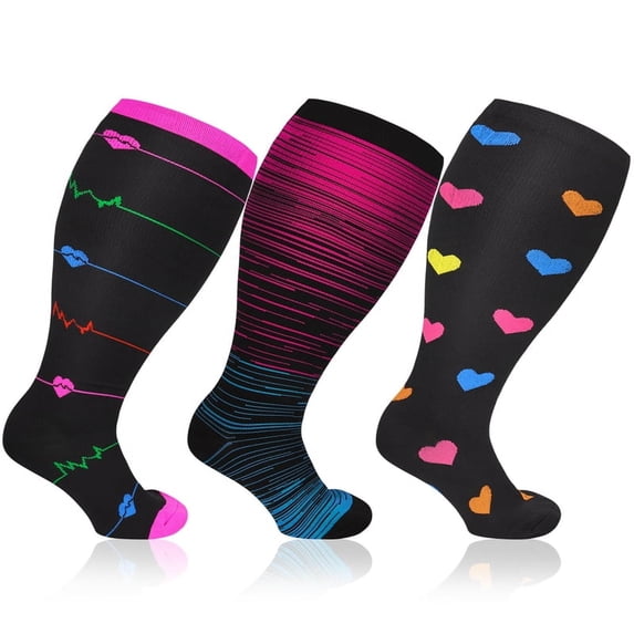 Hengguang 3 Pairs Plus Size Compression Socks for Women & Men, 20-30 mmHg Wide Calf Extra Large Knee High Flight Socks Compression Stockings for Circulation Support(4xl)