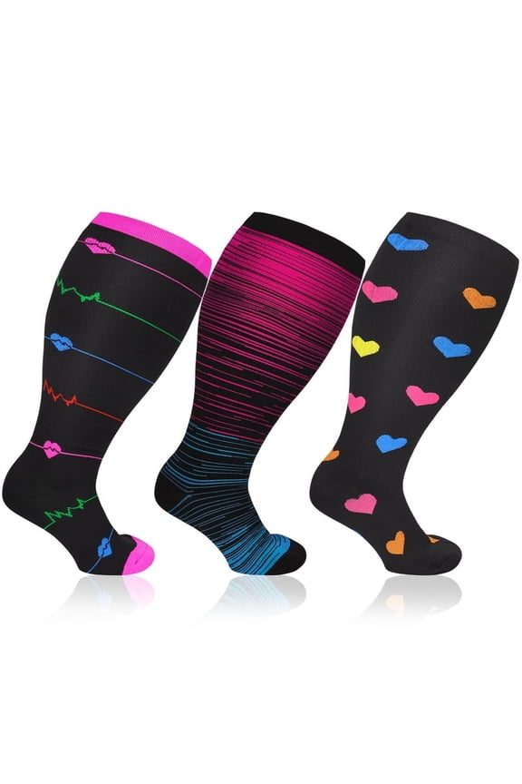 3 Pairs Plus Size Compression Socks for Women & Men, 20-30 mmHg Wide Calf Extra Large Knee High Flight Socks Compression Stockings for Circulation Support(4xl)