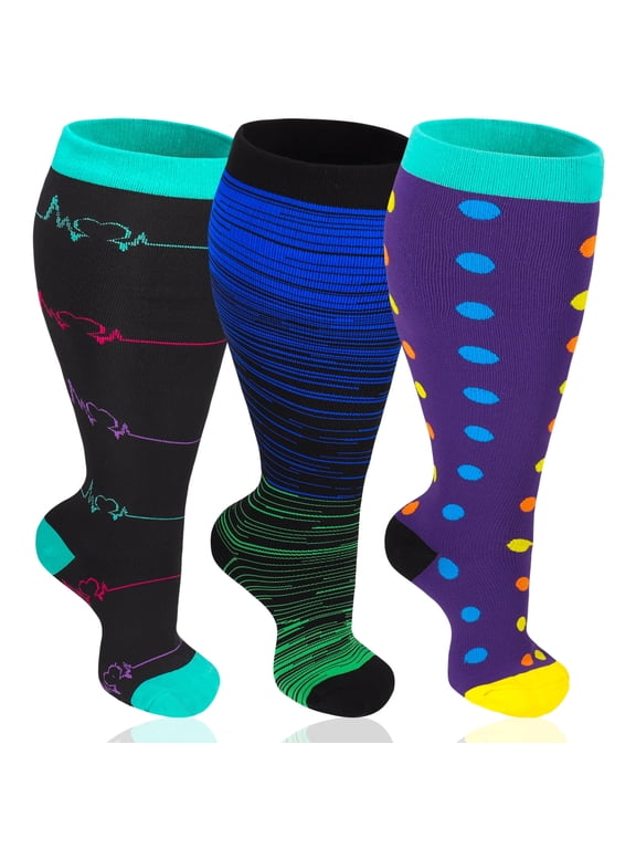 3 Pairs Plus Size Compression Socks for Women & Men, 20-30 mmHg Wide Calf Extra Large Knee High Flight Socks Compression Stockings, 4XL