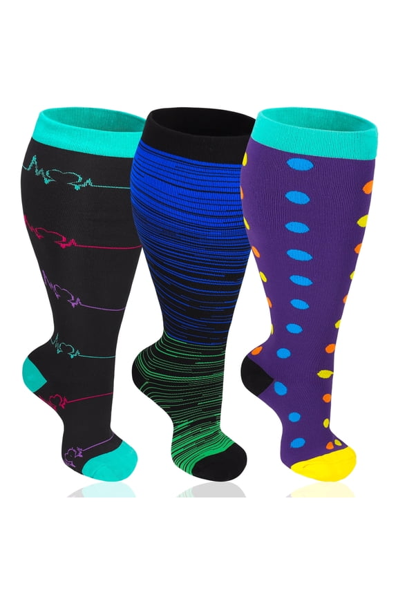 3 Pairs Plus Size Compression Socks for Women & Men, 20-30 mmHg Wide Calf Extra Large Knee High Flight Socks Compression Stockings, 4XL