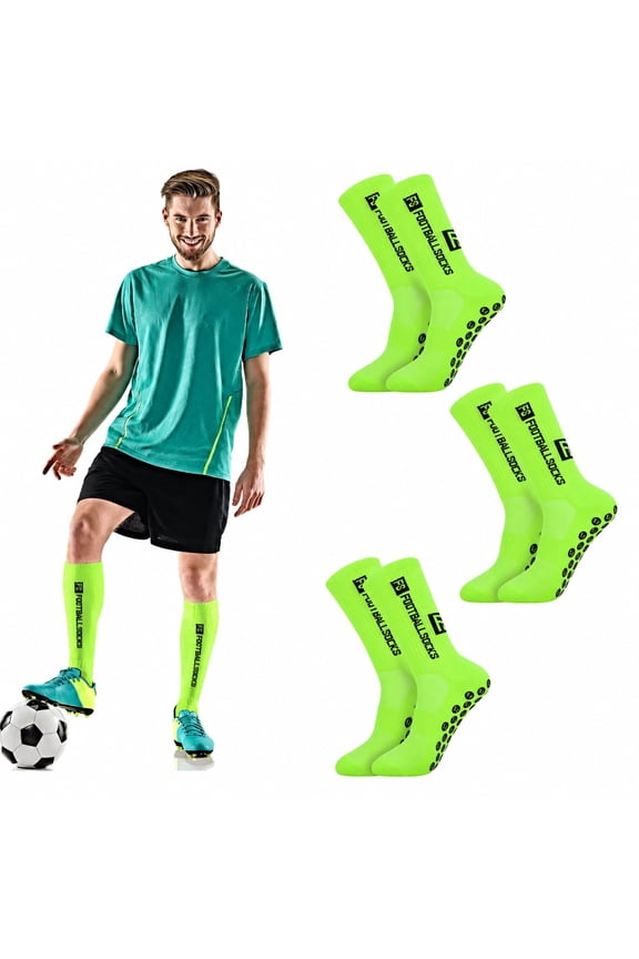 3 Pcs Training Soccer Socks for Men, Non-Slip Football Socks, Circular Silicone Grip Soccer Practice Gear, Breathable Athletic Mid-Calf Socks with Anti-Slip Pads, Green, 7.5-10.5